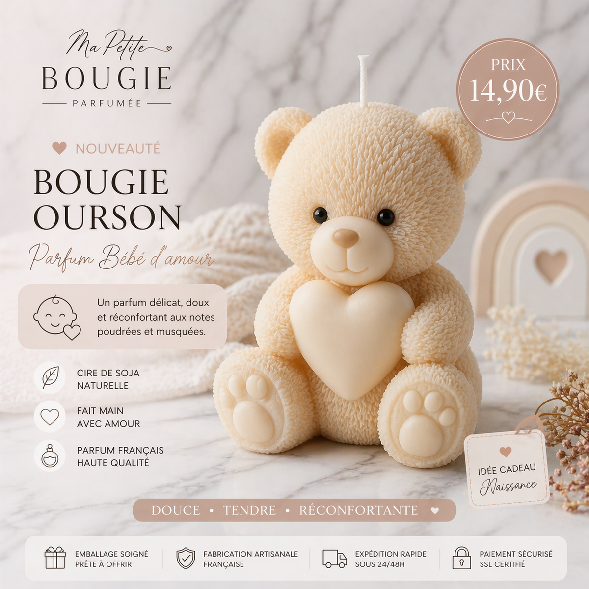 ✨ Bougie Ourson – Parfum Bébé d’amour ✨